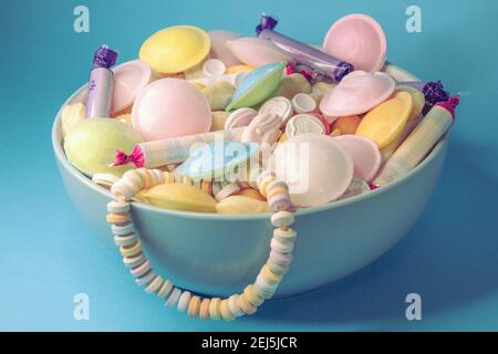Blue bowl filled with classic British sweets and candy Stock Photo