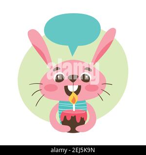 Cute rabbit holding a birthday cake and a speech bubble above his head.  Cute sticker for kids. Cartoon animal vector illustration. Stock Vector