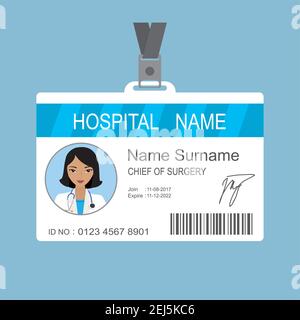 Female asian Doctor id card template,Medical identity badge with barcode,flat vector illustration