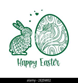 Easter bunny, hearts, easter egg, rabbit laser cutting design. Happy Easter greeting card. Decorative fancy hare and egg with laser cut pattern for die cutting. Vector illustration. Stock Vector