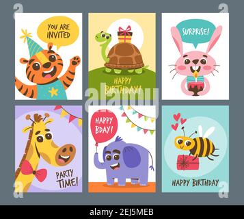 Cute animal cards. Birthday party card collection, perfect for greetings and invitations. Cute cartoon animal design. Stock Vector