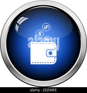 Golden Coins Fall In Purse Icon. Glossy Button Design. Vector Illustration. Stock Vector
