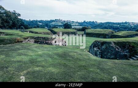 Caerleon near Newport, Wales - ruins of legionary fortress for 2nd Roman Legion Augusta. Amphitheatre. Archival scan from a slide. October 1975. Stock Photo