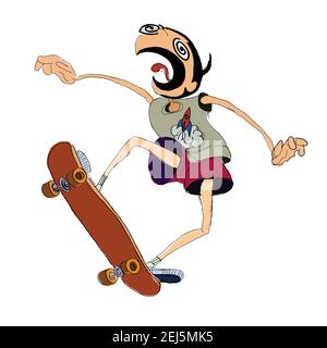 Graphic, loose, animated illustration of a man on a skateboard jumping from the earth all the way into space Stock Vector