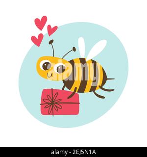 Cute smiling bee, holding a gift. Love and friendship concept. Cute sticker for kids. Cartoon vector illustration. Stock Vector