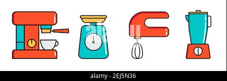 Kitchen appliances icon set. Coffee machine, mixer blender and scales for web applications and mobile concepts. Vector illustration EPS10 Stock Vector