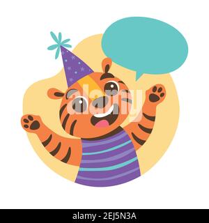 Cute tiger wearing a party hat and a blank speech bubble above his head. Party and celebration concept. Cute sticker for kids. Cartoon animal vector i Stock Vector