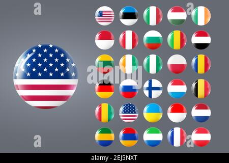 World circular flags collection. Glass light ball with flag. Round sphere, template icon. National symbols set. Glossy realistic ball, 3D abstract Stock Vector