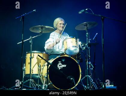 Mary Berry plays the drums on stage with Rick Astley at Camp Bestival 2018, Lulworth Castle, Wareham. Picture date: Friday 27th July 2018. Photo credit should read: David Jensent Stock Photo