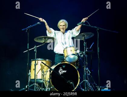 Mary Berry plays the drums on stage with Rick Astley at Camp Bestival 2018, Lulworth Castle, Wareham. Picture date: Friday 27th July 2018. Photo credit should read: David Jensent Stock Photo