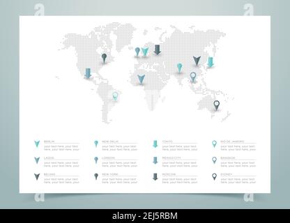 World Map Dotted Vector With Markers Stock Vector