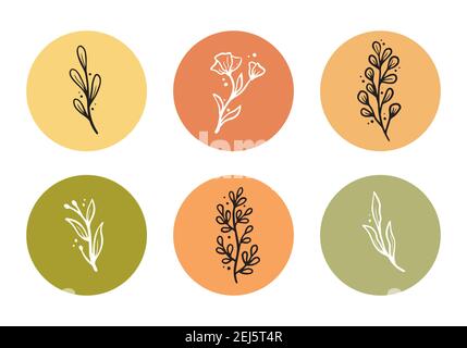 Set of floral elements, flower, leaves. Hand drawn sketch pencil style. Perfect for instagram story highlight icon, social media, blog. Stock Vector