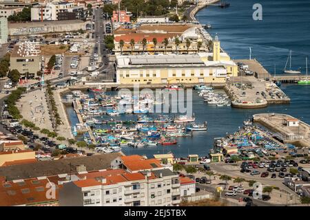 Setúbal, Portugal - August 29, 2020: Aerial view of the fishing port of Setúbal in Portugal and the fishermen's dock. Stock Photo