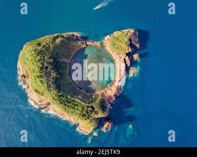 Azores aerial panoramic view. Top view of Islet of Vila Franca do Campo. Crater of an old underwater volcano. Sao Miguel island, Azores, Portugal. Hea Stock Photo