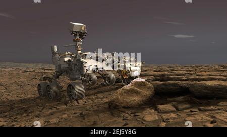 Artist illustration of the NASA Perseverance Mars rover using the Planetary Instrument for X-ray Lithochemistry on the Martian surface. The Perseverance successfully landed on February 18, 2021 to begin the astrobiology mission, including the search for signs of ancient microbial life. Stock Photo