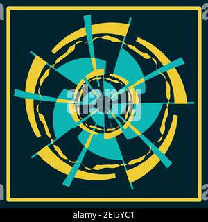 Whimsical abstract marine pattern in yellow and blue colours for scarf. Ornament like steering wheel of ship on navy background.Colourful backdrop Stock Vector