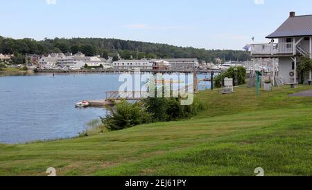 View across the harbor to Mt Pisgah side, from Boothbay Harbor, ME, USA Stock Photo
