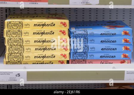 Pizza express pizzas on sale, margherita and american flavour Stock Photo