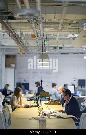 Co-working space concept, diverse people employees working in shared office together, business men and women sitting at desks using device Stock Photo