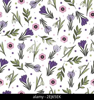 Spring pattern design with snowdrops, spring crocus, small flowers leaves and dots on transparent background Stock Vector