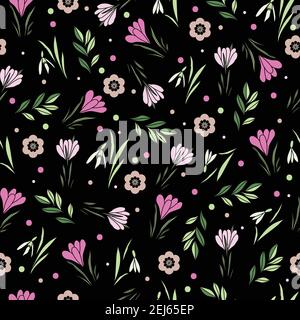 Spring pattern design with snowdrops, spring crocus, small flowers leaves and dots on black background Stock Vector