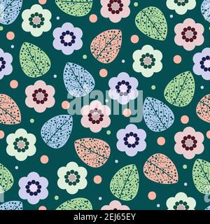 Geometric floral pattern on dark green background Stock Vector