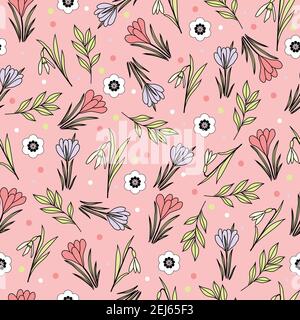 Spring pattern design with snowdrops, spring crocus, small flowers, leaves and dots on pink background Stock Vector