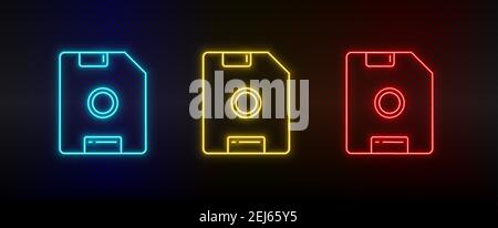 Neon icon set Disk floppy. Set of red, blue, yellow neon vector icon Stock Vector