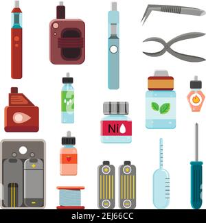 Vape gear accessories tools power cigarettes holders carrying case holders power charges flat icons isolated vector illustration Stock Vector