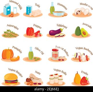 Vegan vegetarian diet food dishes flat icons collection with burger rolls almond milk nuts fruits vector illustration Stock Vector