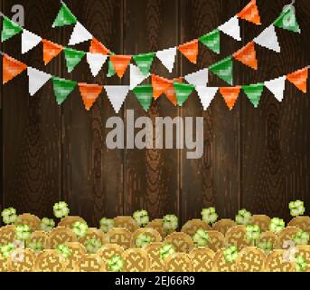 St patricks holiday background with golden coins, clover, garlands from color flags, dark wooden texture vector illustration Stock Vector