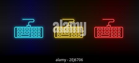 Neon icon set Computer hardware. Set of red, blue, yellow neon vector icon Stock Vector