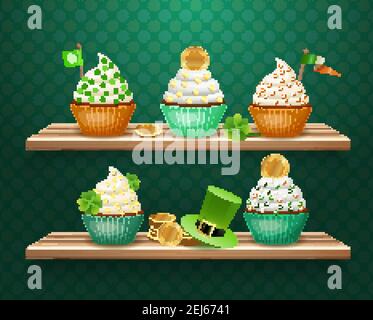 Saint patricks day composition with sweets decorated golden coins, clover, flags on wooden shelves vector illustration Stock Vector