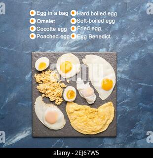 Different delicious egg recipes on color background Stock Photo