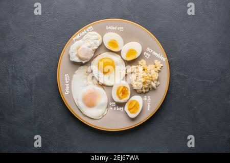 Plate with different delicious egg recipes on dark background Stock Photo