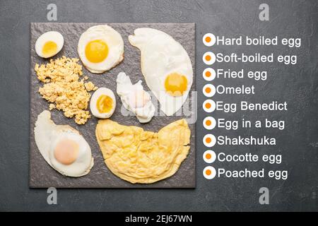 Different delicious egg recipes on dark background Stock Photo