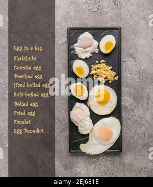 Different delicious egg recipes on grunge background Stock Photo