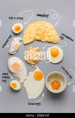 Different delicious egg recipes on grey background Stock Photo