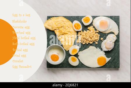 Different delicious egg recipes on light background Stock Photo