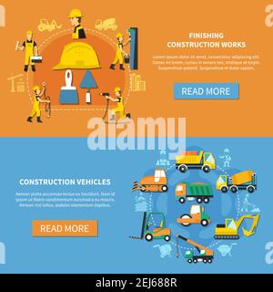 Orange and blue horizontal construction worker banner set with finishing construction works and construction vehicles headlines vector illustration Stock Vector