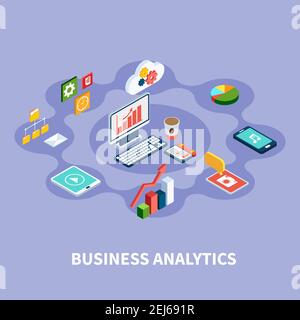 Data isometric round composition with financial pictograms gadgets gear and cloud computing icons and desktop computer image vector illustration Stock Vector