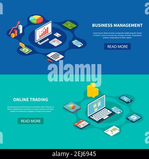 Data isometric banners collection with text read more button and online trading business pictograms and images vector illustration Stock Vector