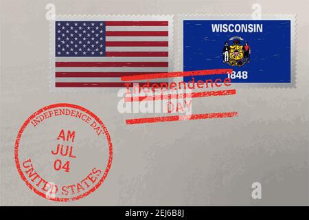 Postage stamp envelope with Wisconsin and USA flag and 4-th July stamps, vector Stock Vector