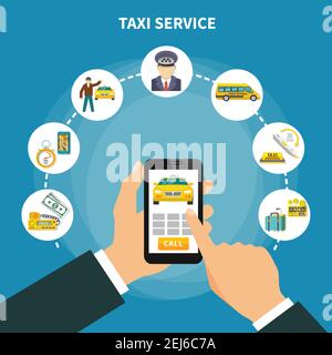 Taxi conceptual composition of circle icons with taxi service images and human hands with smartphone application vector illustration Stock Vector