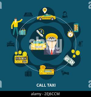 Taxi round composition of silhouette icons and flat images of car service related items with people vector illustration Stock Vector