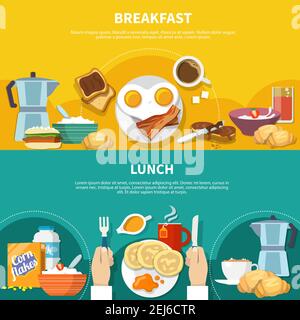 Flat horizontal banners set with served lunch and breakfast isolated on colorful background vector illustration Stock Vector