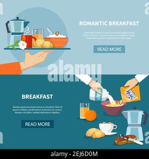 Horizontal banners set with romantic breakfast on tray and process of cooking cornflakes flat isolated vector illustration Stock Vector