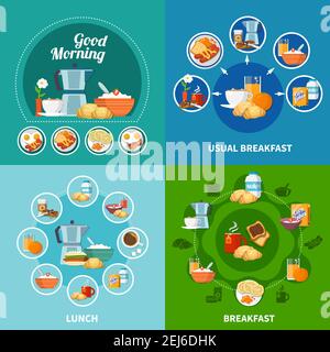 Various breakfast and lunch dishes and drinks 2x2 icons set isolated on colorful background flat vector illustration Stock Vector
