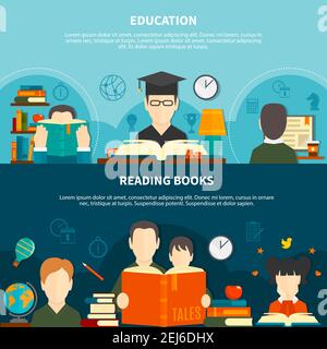 Horizontal banners with reading books and educational literature isolated on light and dark background vector illustration Stock Vector