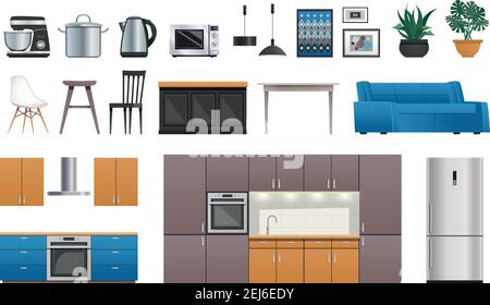 Kitchen appliances cookware furniture accessories plants wall decoration interior design elements icons set isolated vector illustration Stock Vector